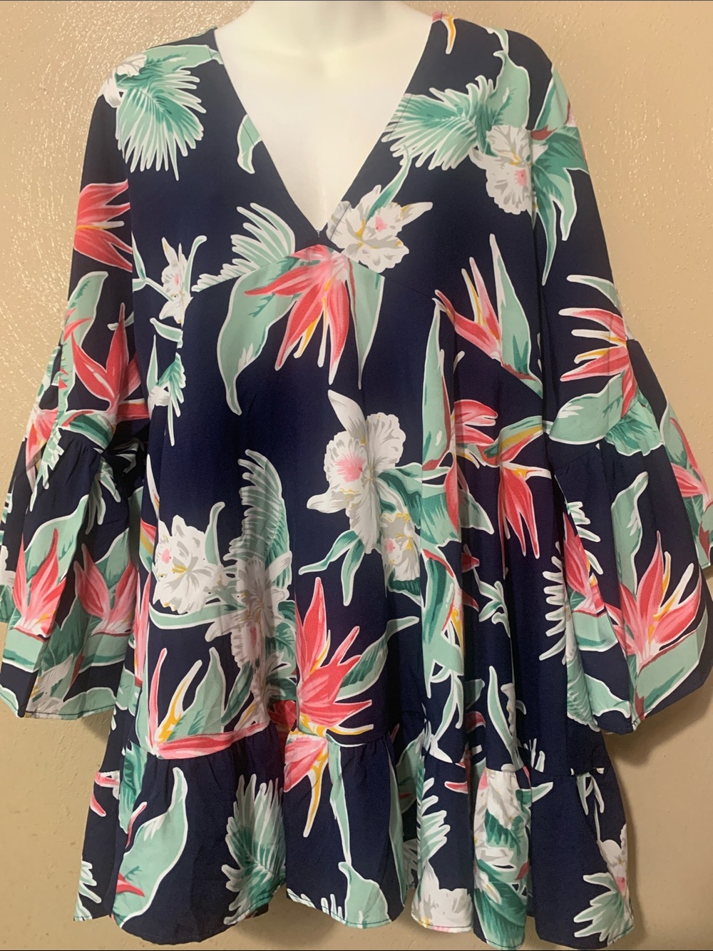 Umgee size M Navy Top with Pink and Teal Floral Ruffled Trim